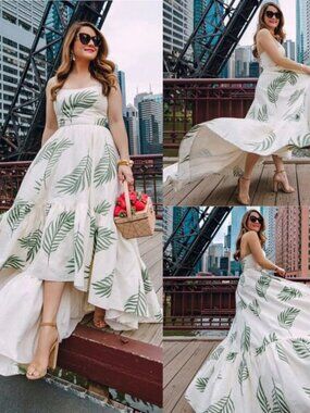 Mestiza Cleo Ballgown Cream Green Palm Leaf High Low Dress Linen Wedding Size 6